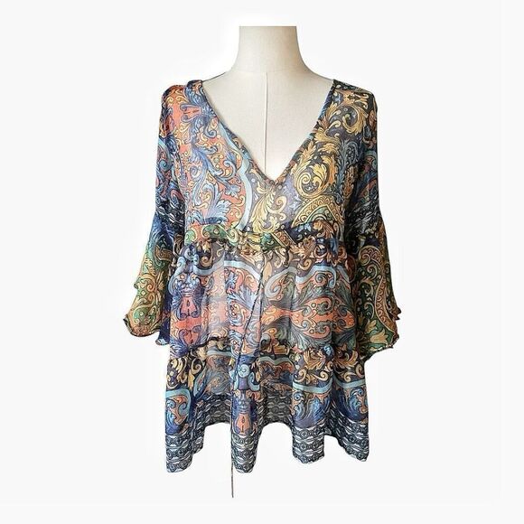NWT Antiga Santoria Semi Sheer Coquette Print Blouse Coverup One Size Fits Most - Picture 2 of 6